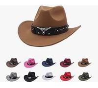 Chapeau Cowboy Homme Femme, Chapeau de Cowboy Classique Western pour Homme et Femme à Large Bord en Feutre avec Bandeau Taureau,Chapeaux Western Festival, Soirée (Khaki, One Size)