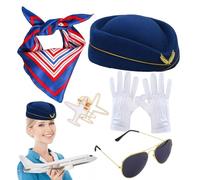 Chapeau d'assistant de bord | pour gants d'avion broche lunettes de béret bleu rouge écharpe rayée