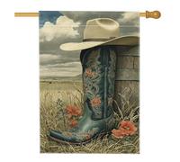 Chapeau de botte de cowboy occidental, bannière de décoration extérieure florale bleue, drapeau de cour rustique d'été, décoration d'intérieur double face, 71 x 101 cm