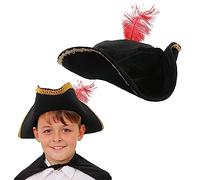 Chapeau de boucanier Tricorn Mousquetaire pour enfant - Chapeau tricorne en velours noir avec bordure dorée et une plume rouge - Parfait pour se déguiser de personnage de film ou de télévision