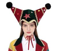 Chapeau de bouffon de Noël - Twin Horn & Star | Casquette de vacances rouge | Tissu en polyester extensible 15,7 x 9,8 pouces, garniture dorée à paillettes, accessoire de cosplay unisexe pour adultes