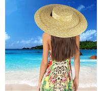 Chapeau De Canotier À Large Bord Pour Femme,Chapeau De Paille À Bord Plat Pour Femme,Chapeau De Soleil D'été Avec Ruban Blanc Et Noir,Casquette De Plage, - Type 18cm
