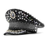 Chapeau de capitaine à paillettes colorées avec strass pour femme - Costume floral décoratif en cristal - Tenue de fête à paillettes