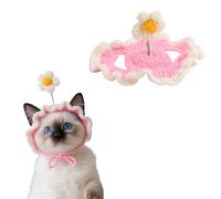 Chapeau de Chat, Joli Chapeau Chat en Crochet à Fleurs Coiffe Tricotée Halloween Noël Chiot Animal de Compagnie Petit Tricoté Décoration (Rose)