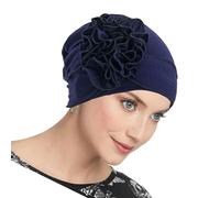 Chapeau de chimiothérapie tissé réconfortant en polyester fin avec fleur décorative pour femme foulard élégant en polyester, bleu marine, Taille unique