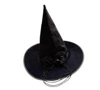 Chapeau de costume de sorcière avec haute couronne pointue | Large bord circulaire, texture velours noir, rose et chaîne perlée décorative