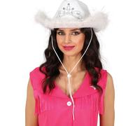 Chapeau de cow-boy avec couronne étincelante Plume rose Bijoux Enterrement de vie de garçon Élégance Wild West Party Accessoire à la mode, Couleur : Blanc