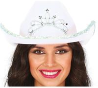 Chapeau de cow-boy Carnaval Blanc Strass Couvre-chef Western Costume de fête Somptueux Festif, Couleur : Blanc