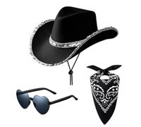 Chapeau de Cow Boy noir, Cowgirl Chapeau 3 Pièces, Costume de Cow-boy de l'Ouest, Western Cowboy Hat, Scarf, and Sunglasses Suitable for Adults and Children at Carnivals and Festivals