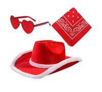 Chapeau de cow-girl de Noël, ensemble de chapeaux de cowboy de Noël,Chapeaux de fête Chapeaux de cowboy | 3X chapeau de cow-girl, lunettes Bandana Vintage en forme de cœur, chapeau de fête de noël rég