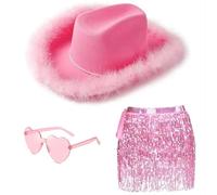 Chapeau De Cow-Girl Rose avec Lunettes en Forme De Cœur Jupe À Pompons À Paillettes Roses, Chapeau De Princesse De Cowboy, Accessoires De Costume De Cow-Girl d'halloween