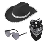 Chapeau de cowboy à paillettes, chapeau de cowboy bling bling avec lunettes en forme de cœur, bandana - Fournitures de déguisement de carnaval, lot de cowgirl pour les fêtes
