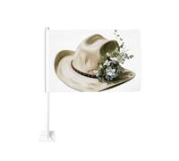 Chapeau de cowboy avec fleurs sauvages blanches et bleues - Drapeau de voiture rustique - Clip de fenêtre d'extérieur - 30 x 45 cm - Décoration de voiture double face