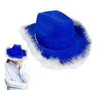 Chapeau de cowboy avec plume, chapeau de cowgirl avec bord de plume - Blue Cowgirl Feather BOA Chapeau coupé - Novety Felt Western Headwear, Halloween Dressing pour la coiffure de fête d'adieu