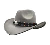 Chapeau de cowboy, chapeau de cow-girl en feutre à bord large respirant avec un décor large ceinture unisexe cowboy gris occidental pour usure quotidienne, cosplay, fête