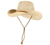 Chapeau de Cowboy de Paille Larges Russes Creux Chapeaux Paille pour Les Hommes Chapeau Plage Respirant avec Une Sangle Menton Protection UV Soleil élégant décontracté pour extérieur, Beige