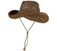 Chapeau de Cowboy de Paille Wide Brim Hollow Paille pour Hommes Chapeaux Plage Respirants avec Une Sangle Menton Protége