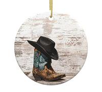 Chapeau de cowboy et bottes de sapin de Noël en céramique à suspendre Décorations de Noël Pendentif rond Décorations de sapin de Noël