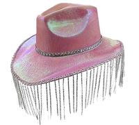 Chapeau de cowboy étincelant à glands en cristal sauvage pour enterrement de vie de jeune fille chapeau de cowboy en cristal pour acteur actrice chapeau de cowboy pour homme, Frange rose