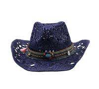 Chapeau de Cowboy Homme Femme Western Cowgirl Hat Brésilien Bohême Paille Panama avec Bande Chapeau de Soleil d'été Chapeau de Plage Cowboy Hat (FR/ES, Alpha/Lettres, Taille Unique, Bleu Marine)