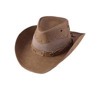 Chapeau de cowboy léger de style ethnique en cuir synthétique pour femmes et hommes, casquette de cowboy respirante avec tête de bœuf en métal style occidental, Gris camel, 4-5