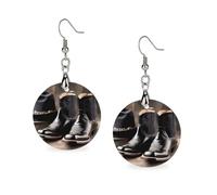 Chapeau de cowboy noir, bottes western, boucles d'oreilles en bois, boucles d'oreilles géométriques pendantes, style vintage rond rétro, bijoux à porter au quotidien pour un mariage, une fête ou une r