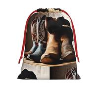 Chapeau de cowboy noir, bottes western, sac cadeau de Noël en toile de jute à cordon, motif tartan avec étiquette kraft, polyester, grand format. Idéal pour ranger vos cadeaux de Noël et vos présents