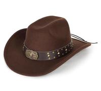 Chapeau de cowboy noir pour homme et femme - Style occidental - Chapeau Fedora Panama en feutre à large bord avec boucle de ceinture amovible, Marron D., M