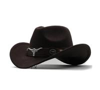 Chapeau de cowboy occidental 3 tailles noir en laine jazz chapeau haut chapeau hommes style ethnique tête de vache ruban feutre casquette femmes enfants équitation chapeau Fedora, café, S (52-54cm)