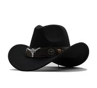 Chapeau de cowboy occidental 3 tailles noir en laine jazz chapeau haut chapeau hommes style ethnique tête de vache ruban feutre casquette femmes enfants équitation chapeau Fedora, Noir , S (52-54cm)
