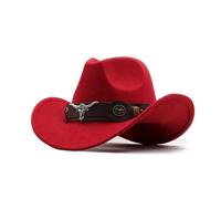 Chapeau de cowboy occidental 3 tailles noir en laine jazz chapeau haut chapeau hommes style ethnique tête de vache ruban feutre casquette femmes enfants équitation chapeau Fedora, Rouge, M (56-58cm )