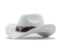 Chapeau de cowboy occidental 3 tailles noir en laine jazz chapeau haut chapeau hommes style ethnique tête de vache ruban feutre casquette femmes enfants équitation chapeau Fedora, blanc, S (52-54cm)