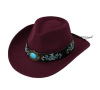 Chapeau de cowboy occidental pour homme et femme - Casquette élégante en laine - Casquette d'équitation à large bord pour voyage et fête, bordeaux, Taille unique