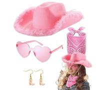 Chapeau de cowboy pour femme, chapeau de cowboy rose pour femme, chapeau de cowgirl disco, chapeau de carnaval rose pour femme, lunettes, bandana et boucles d'oreilles inclus, chapeau de cowgirl pour