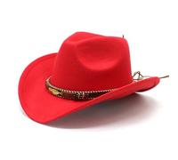 Chapeau de cowboy pour femmes et hommes - Chapeau de cowgirl - Chapeau en feutre - Bord large avec bande en cuir - Chapeau jazz, rouge, L