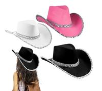 Chapeau de Cowboy pour Femmes Hommes, 3pcs Cowgirl Hat avec Paillettes, Chapeau de Cowboy pour Dames avec Sangle ajusté, Chapeau Occidental pour la fête de célibataire, Accessoires de Fantaisie Cowbo