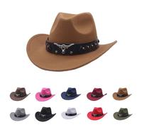 Chapeau de Cowboy pour Homme et Femme Classique Western À Large Bord en Feutre avec Bandeau Taureau Chapeaux de Soleil d'Équitation Accessoire de Cowgirl Paille Cowboy Hat Enfant Toddler Garçon Fille