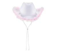 Chapeau de cowboy rose pour femme Fedora en plumes duveteuses Queens Platinum Jubilé Party Hats Western Cowgirl, Plume poudrée G-white, Taille unique