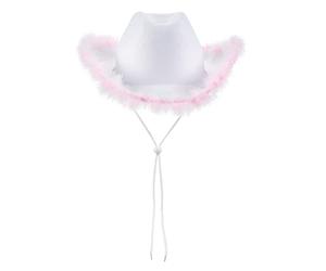 Chapeau de cowboy rose pour femme Fedora en plumes duveteuses Queens Platinum Jubilé Party Hats Western Cowgirl, Plume poudrée G-white, Taille unique