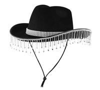 Chapeau de Cowboy Scintillant pour Femmes hingestone Frange maride Cowgirl Chapeau Cow-Girl with Chin Drap Disco Cowgirl Chapeau de Mariage, Noir