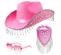 Chapeau de Cowgirl à Pierres précieuses pour Femmes Chapeau de Cow-Boy pour Femme Chapeau de Cow-Boy avec Frange Bandana en Strass et Lunettes de Soleil en Forme de cœur pour Jeu de rôle et fête
