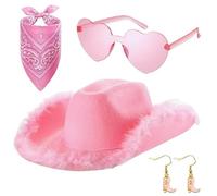 Chapeau de cowgirl pour filles | 4 chapeaux de cowboy roses pour femmes, lunettes, bandana et boucles d'oreilles inclus, chapeau de cowgirl avec peluche pour photographie