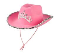 Chapeau de cowgirl rose avec diadème argenté et bordure à paillettes - Large bord - Chapeau de cowboy pour filles pour festivals, enterrements de vie de jeune fille, concerts, enterrement de vie de