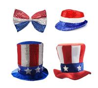 Chapeau de drapeau américain à dessus plat avec nœud papillon à paillettes pour homme, jour de l'indépendance, chapeau de carnaval en feutre pour prendre des photos, chapeaux hauts pour hommes, femmes