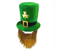 Chapeau de lutin vert trèfle pour homme, avec décoration de barbe et moustache. Accessoires de déguisement pour la barbe et la moustache.