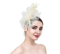 Chapeau De Mariage Chapeau fascinateur de fête en maille avec plumes et fleurs décoratives, coiffure mariage, fausses perles, accessoires for cheveux mariée(Beige)