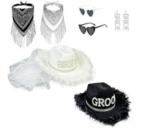 Chapeau de mariée avec voile et strass pour femme - Chapeau de mariée étincelant - Bandana - Lunettes de soleil - Chapeaux de mariée pour enterrement de vie de jeune fille, Ensemble de 8 pièces