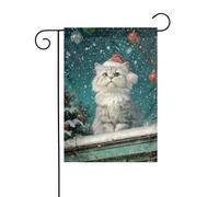 Chapeau de Noël chat sur le toit d'une vieille maison drapeau de jardin 30 x 45 cm vertical double face ferme vacances décorations extérieures drapeau cour