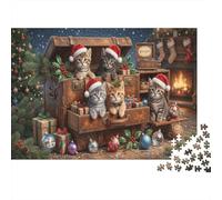 Chapeau de Noël ChatPuzzle Classique 1000 Pièces Trunk en Cuir Vintage pour Adultes Amélioration De La Mémoire Loisirs Créatifs Cadeau d'anniversaire 70x50cm/1000pcs