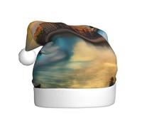 Chapeau de Noël en peluche au coucher de soleil à Barcelone, accessoire de costume festif, doux au toucher, parfait pour Noël et fêtes de fin d'année.